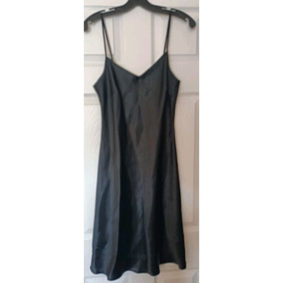 Vtg  Satin Full Slip Dress Black Size 6 V Neck Bias Cut Whimsigoth Fairy Vamp - Picture 1 of 6
